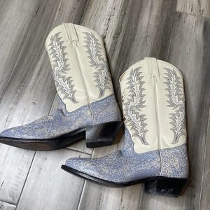Tony Lama Speckled Heeled Leather Boots Women's Blue Cream Size 7.5 B